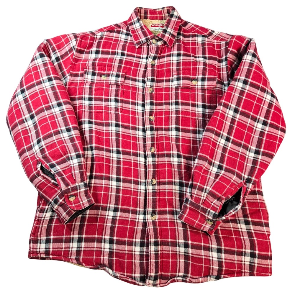 Wrangler Men's Red Plaid Sherpa Lined Flannel Shirt Jacket Size Medium
